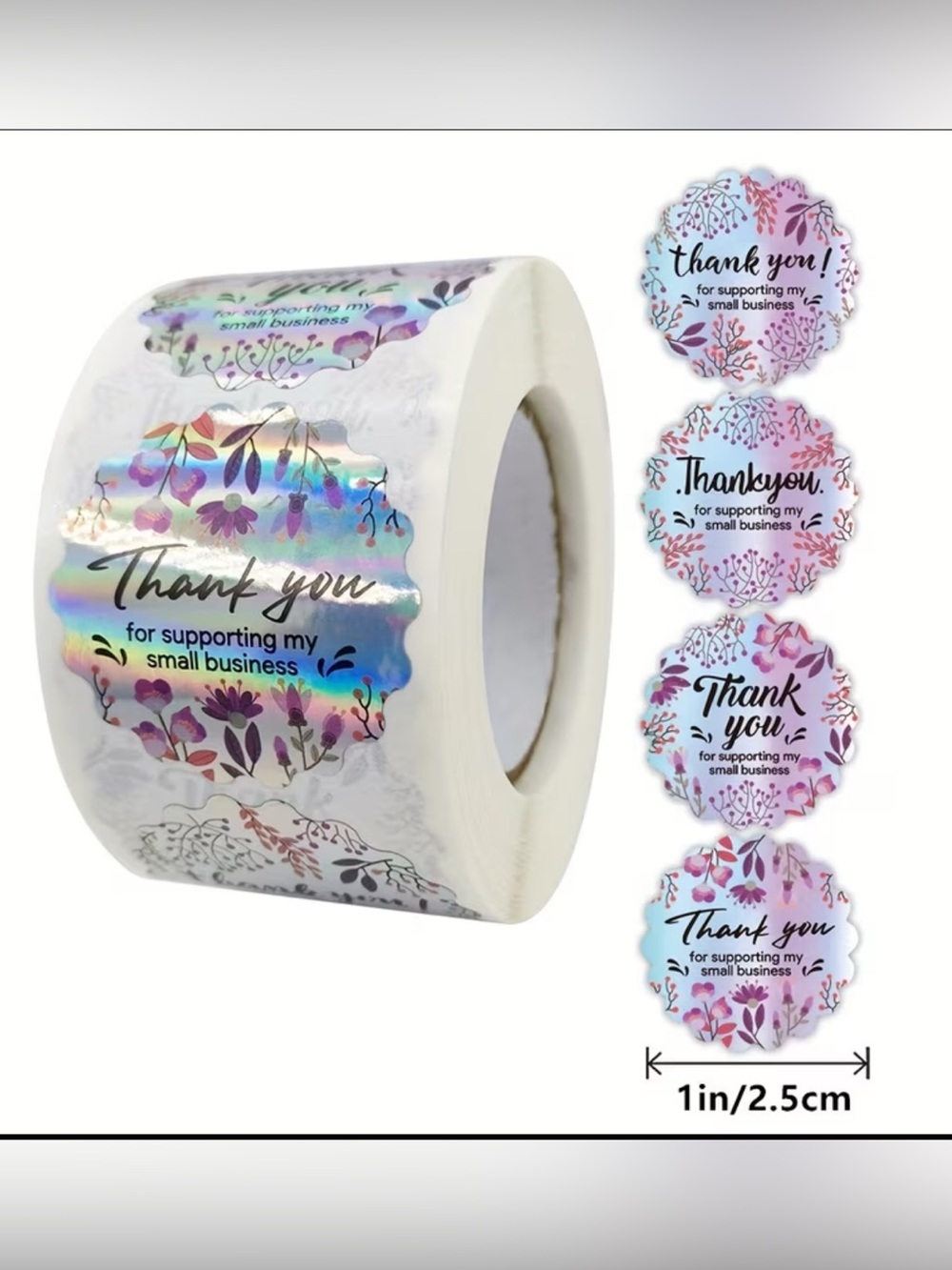 💜 NWT Holographic Floral Scalloped Edge Small Business Thank You Stickers (500)